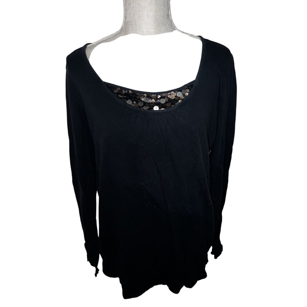Esprit Womens Black Sequin Scoop Neck Long Sleeve Top L